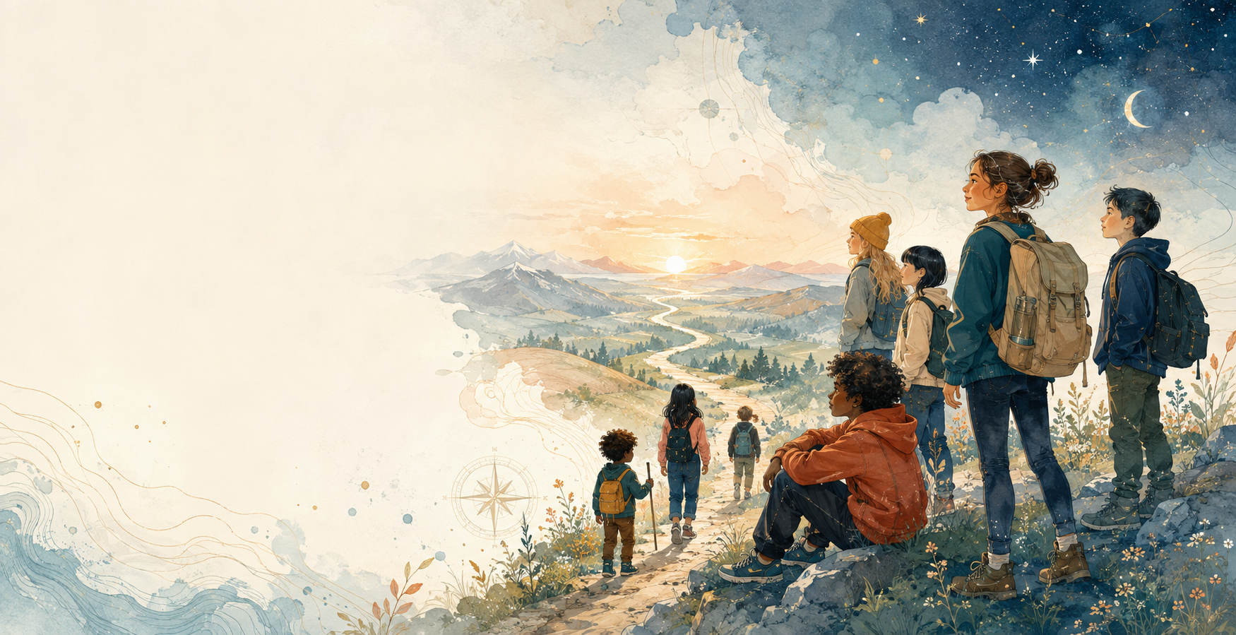 Niños y adolescentes recorren juntos un paisaje hacia un horizonte luminoso