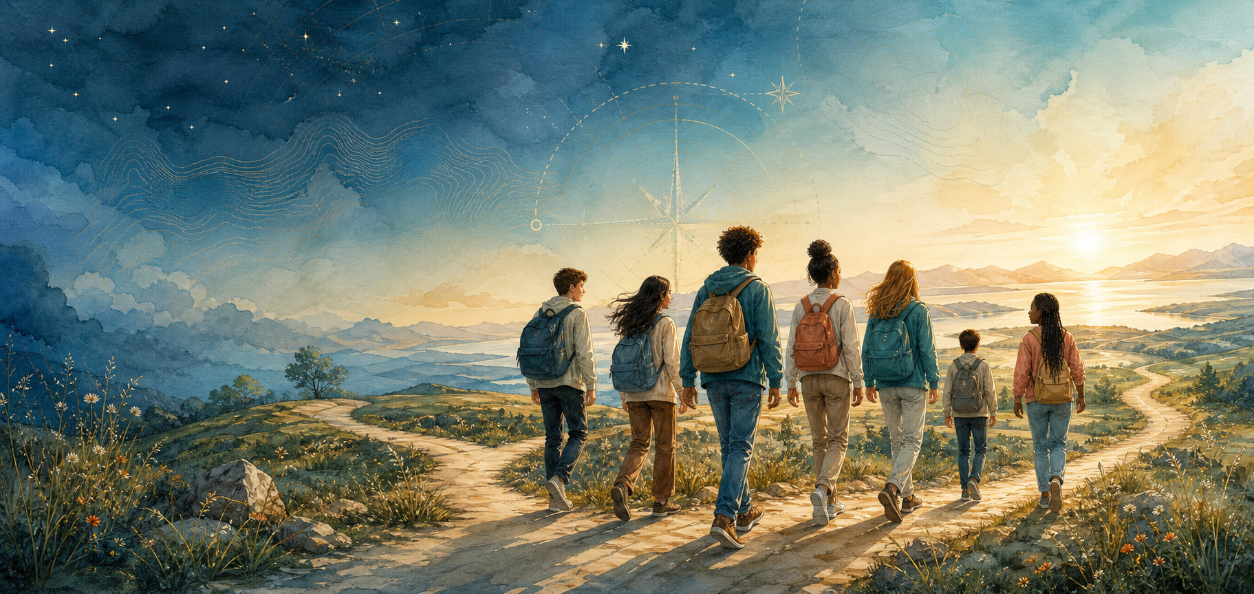 Grupo diverso de jóvenes avanza por un paisaje de montaña hacia el futuro