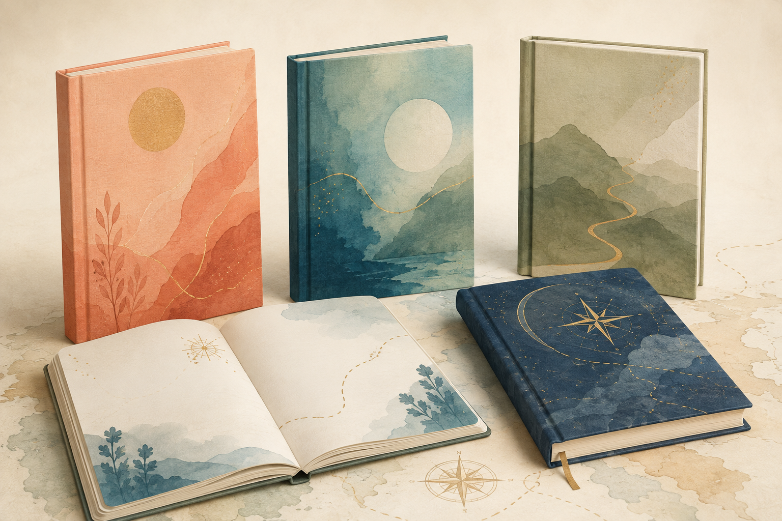 Composición editorial de cuatro diarios y un cuaderno abierto sobre un mapa